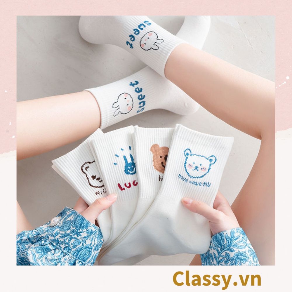  Classy Tất trắng cổ cao chất liệu cotton, họa tiết ngẫu nhiên G1429 