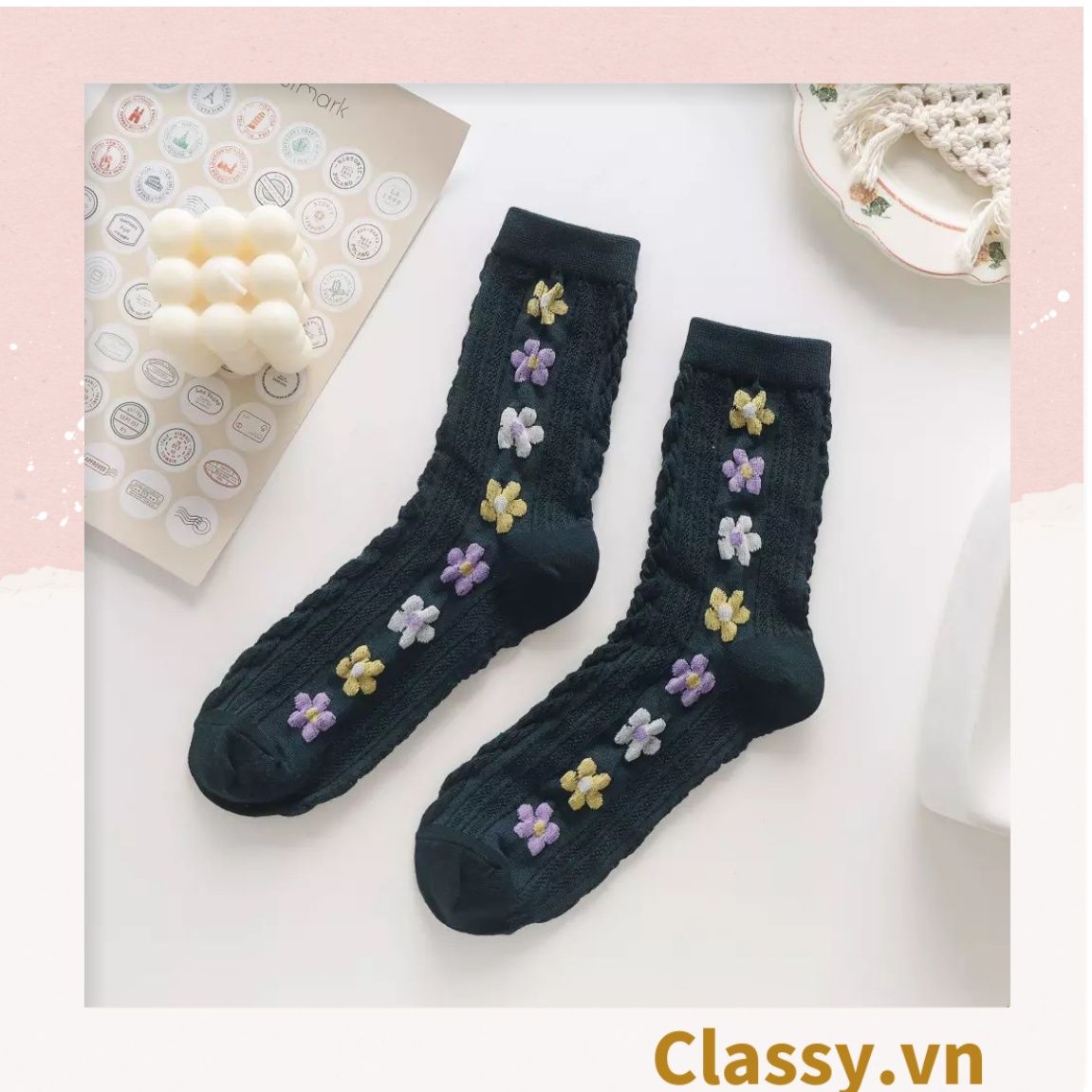  Classy Tất cổ cao, tất cổ ngắn màu trung trính, họa tiết hàng bông chạy dọc thân độc đáo G1431 - G1453 