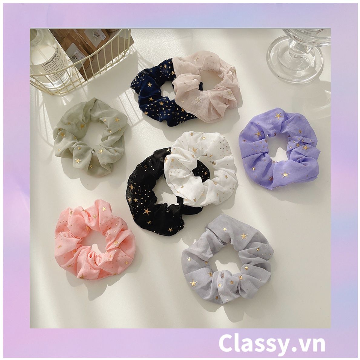  Scrunchies cột tóc, buộc tóc sợi lưới, họa tiết ánh sao, nhiều màu thanh lịch PK1023 