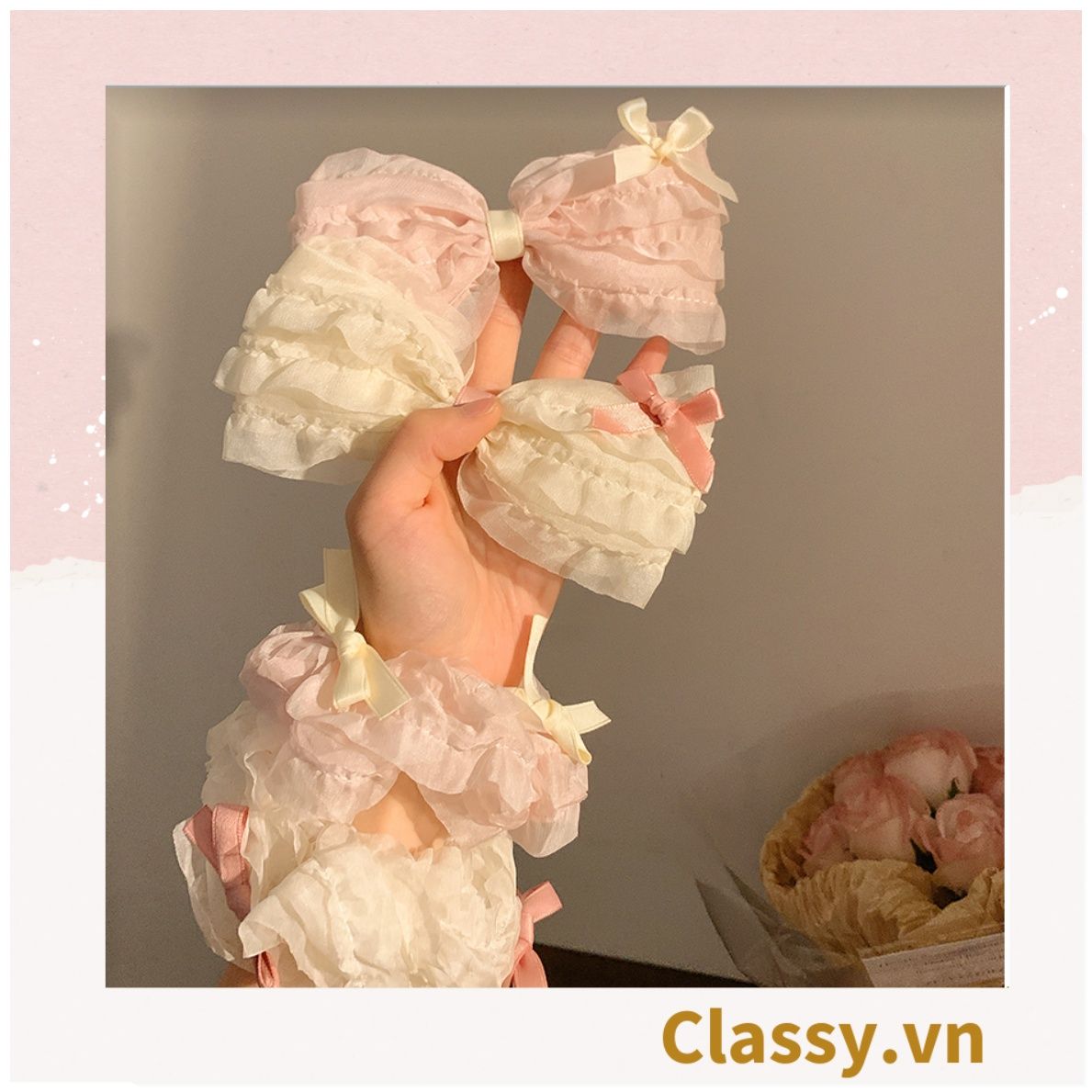  Kẹp tóc cột tóc scrunchies nơ màu hồng phấn mang lại nét nữ tính cho bạn nữ PK1152 