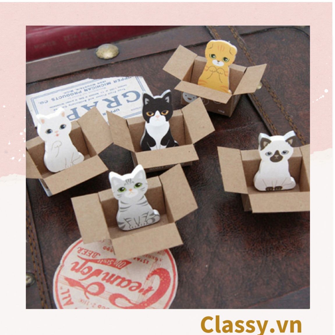  [GIAO HÀNG 7-25 NGÀY] Giấy ghi chú hình con mèo đáng yêu ngồi trong thùng carton phiên bản hàn quốc PK1196 
