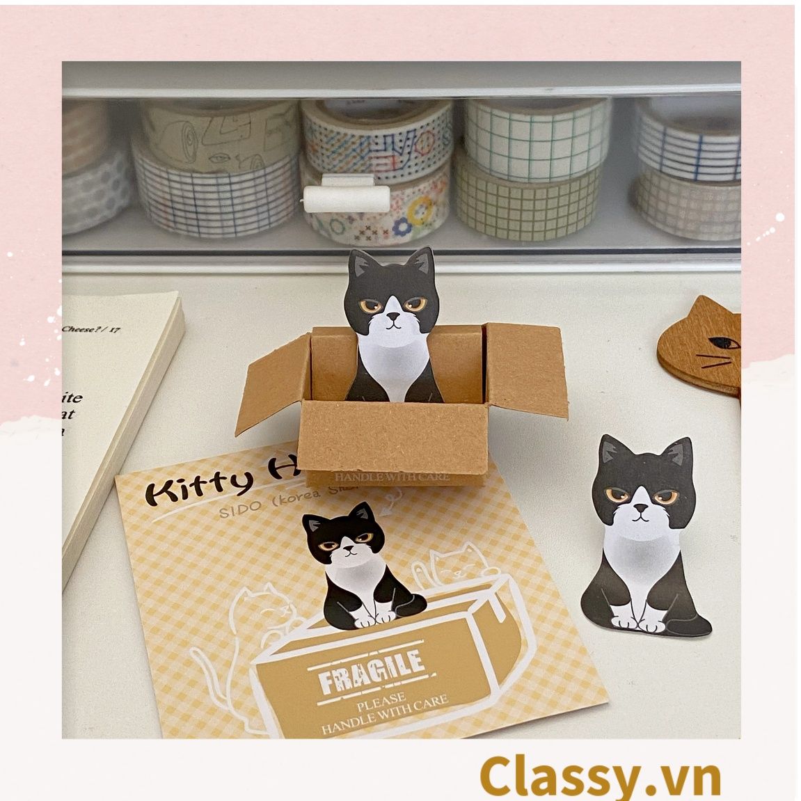  [GIAO HÀNG 7-25 NGÀY] Giấy ghi chú hình con mèo đáng yêu ngồi trong thùng carton phiên bản hàn quốc PK1196 