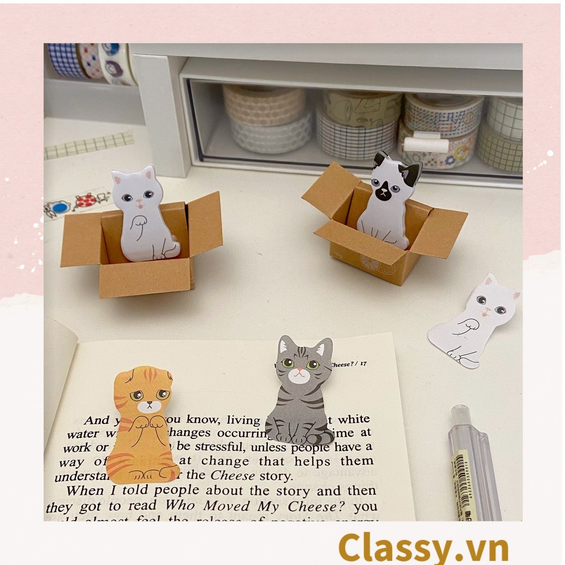  [GIAO HÀNG 7-25 NGÀY] Giấy ghi chú hình con mèo đáng yêu ngồi trong thùng carton phiên bản hàn quốc PK1196 