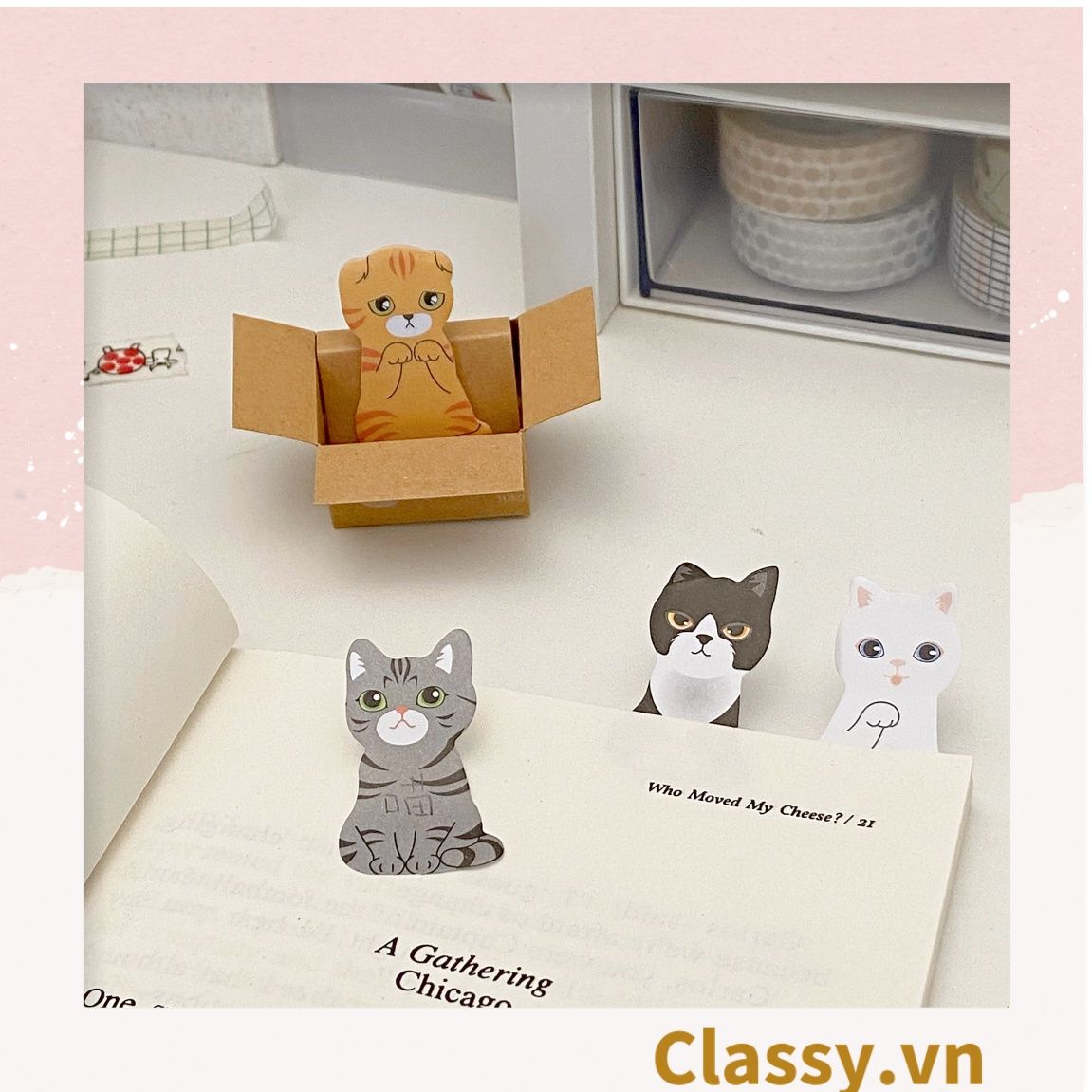  [GIAO HÀNG 7-25 NGÀY] Giấy ghi chú hình con mèo đáng yêu ngồi trong thùng carton phiên bản hàn quốc PK1196 