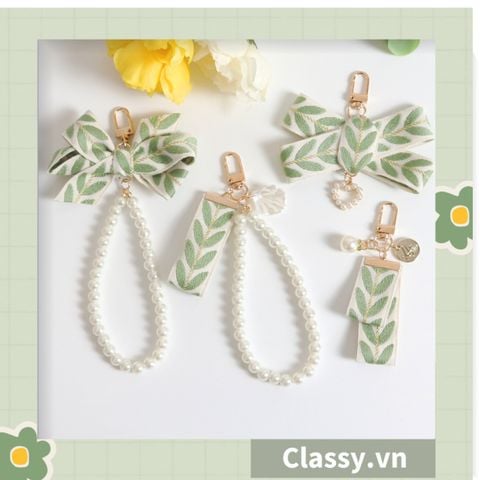  Móc khóa màu vàng đồng họa tiết chiếc lá có đính hạt sang trọng PK1265 