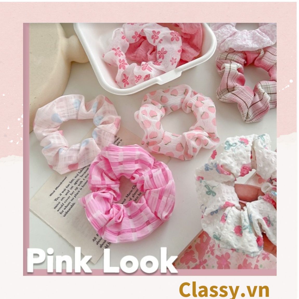  [GIAO HÀNG 7-25 NGÀY] Scrunchies buộc tóc tông màu hồng ngọt ngào, nữ tính thanh lịch PK1338 