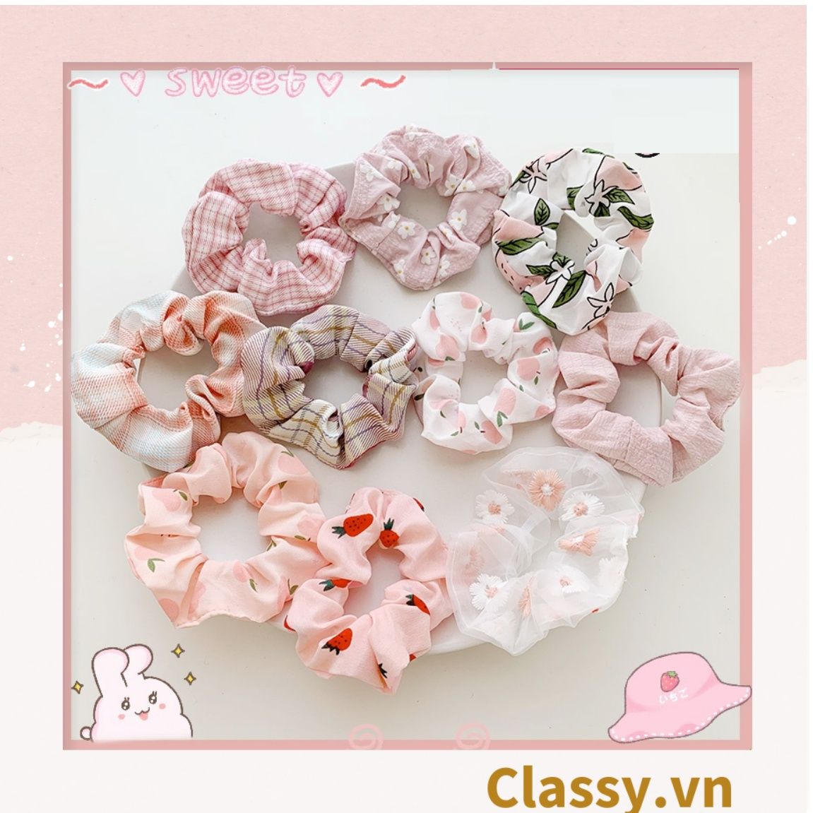  Scrunchies buộc tóc tông màu hồng ngọt ngào, nữ tính thanh lịch PK1338 