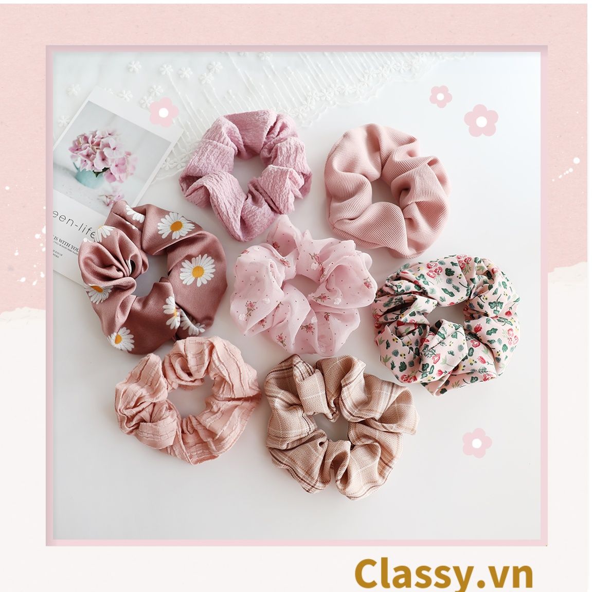  [GIAO HÀNG 7-25 NGÀY] Scrunchies buộc tóc tông màu hồng ngọt ngào, nữ tính thanh lịch PK1338 
