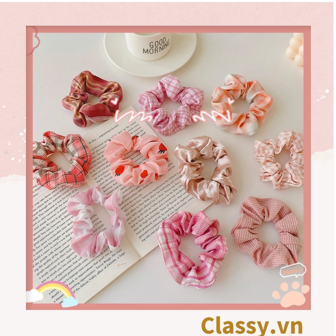  [GIAO HÀNG 7-25 NGÀY] Scrunchies buộc tóc tông màu hồng ngọt ngào, nữ tính thanh lịch PK1338 