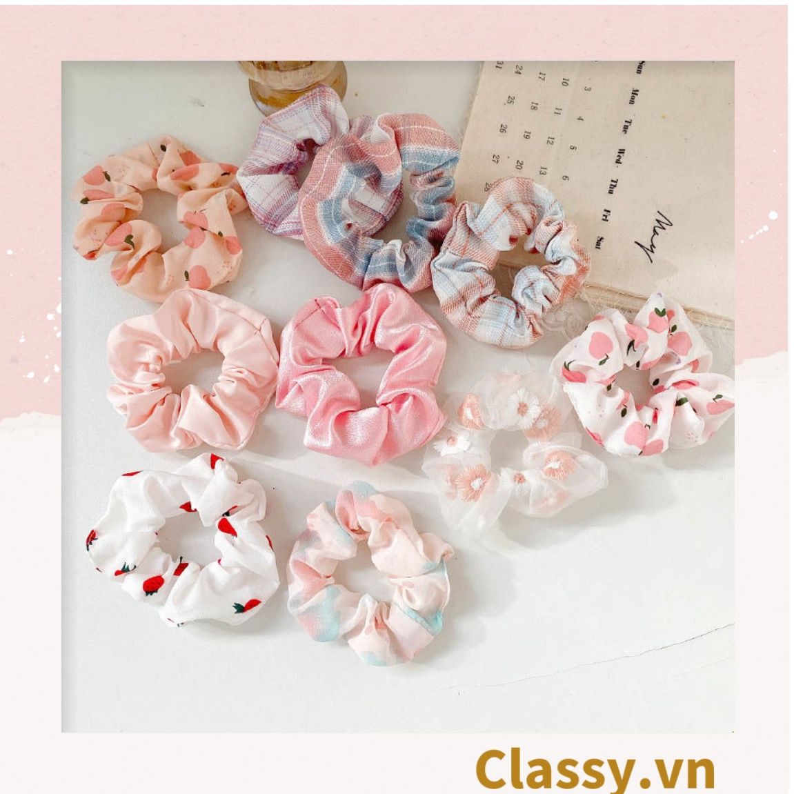 Scrunchies buộc tóc tông màu hồng ngọt ngào, nữ tính thanh lịch PK712- –  CLASSY