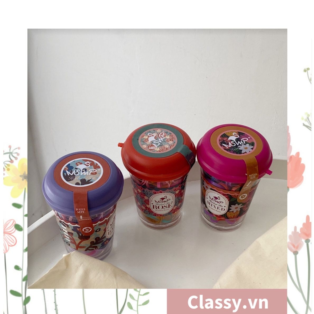  [GIAO HÀNG 7-25 NGÀY] Thun cột tóc nhiều màu siêu đàn hồi kèm ly nhựa dễ thương PK1354 