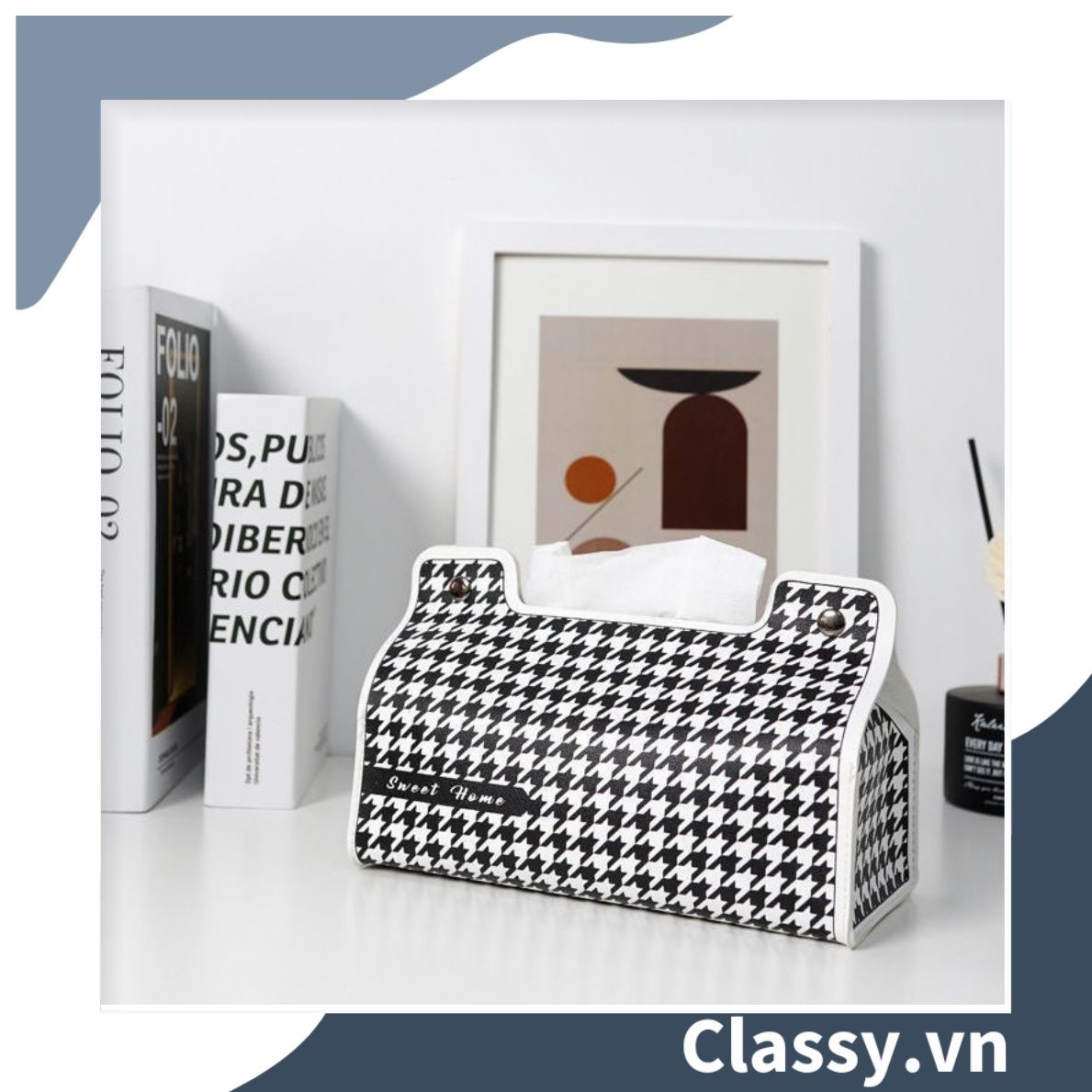  [GIAO HÀNG 7-25 NGÀY] Classy Hộp đựng khăn giấy màu trắng đen, họa tiết sang trọng PK1383 