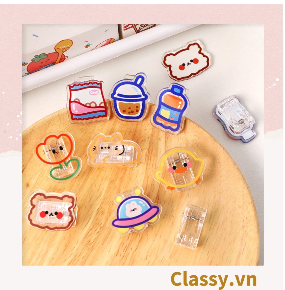  [GIAO HÀNG 7-25 NGÀY]  Classy Kẹp giấy bằng nhựa cứng nhiều họa tiết cute Hàn Quốc PK1414 