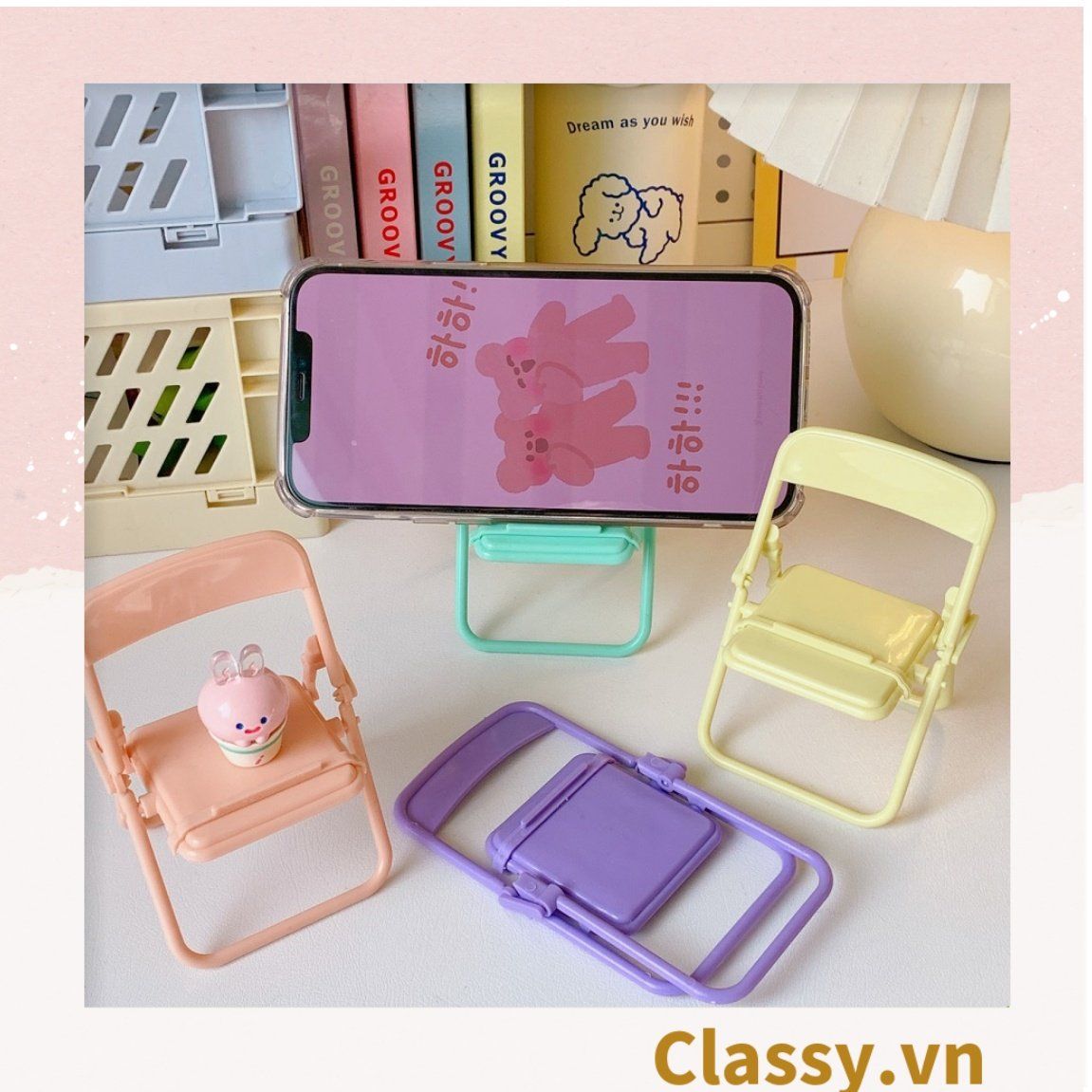  [GIAO HÀNG 7-25 NGÀY]  Classy Giá đỡ điện thoại hình chiếc ghế bằng nhựa chống trơn trượt, nhiều màu pastel PK1419 