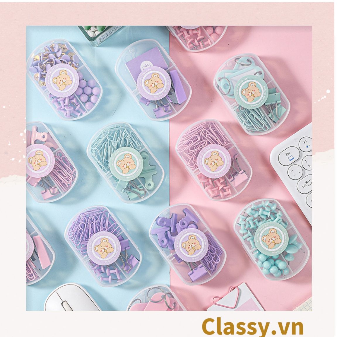  [GIAO HÀNG 7-25  NGÀY]  Classy Ghim giấy, kẹp giấy hộp ba ngăn, màu sắc đa dạng văn phòng phẩm tiện lợi PK1423 