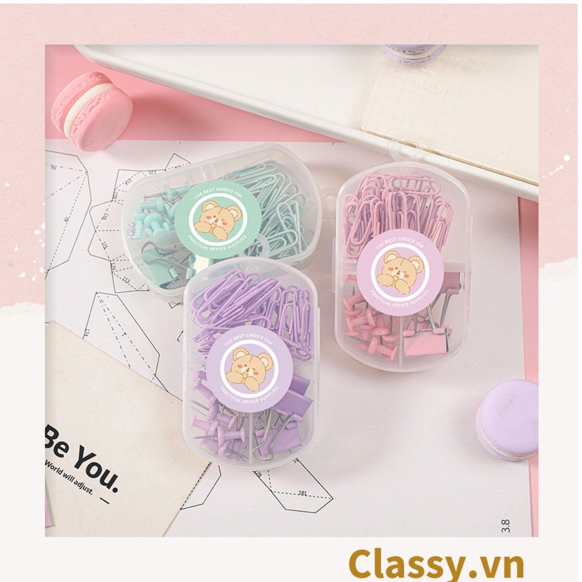  [GIAO HÀNG 7-25  NGÀY]  Classy Ghim giấy, kẹp giấy hộp ba ngăn, màu sắc đa dạng văn phòng phẩm tiện lợi PK1423 