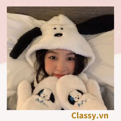  Nón lông ủ ấm hình chú chó trắng, siêu êm, siêu mịn PK1486 