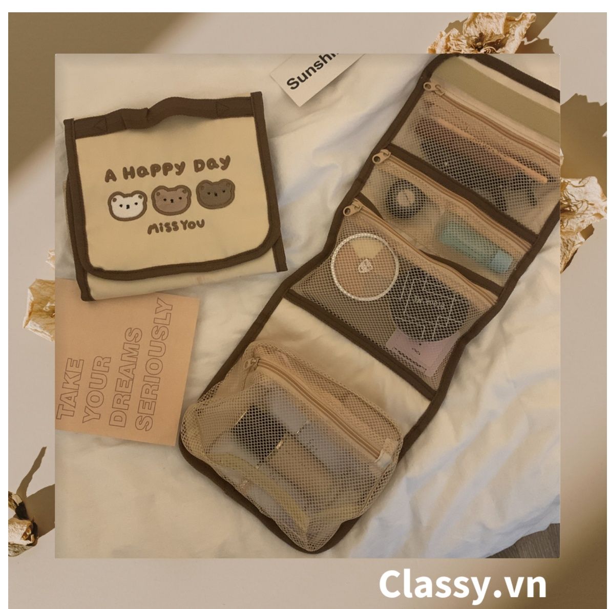  [GIAO HÀNG 7-25 NGÀY] Classy Túi đựng mỹ phẩm, đồ trang điểm, du lịch nhiều ngăn có quai xách PK1498 
