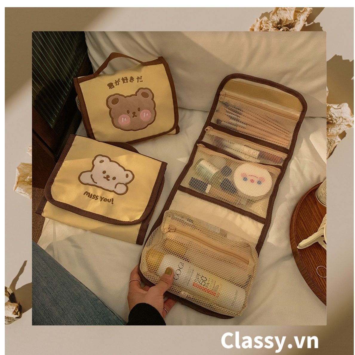  [GIAO HÀNG 7-25 NGÀY] Classy Túi đựng mỹ phẩm, đồ trang điểm, du lịch nhiều ngăn có quai xách PK1498 