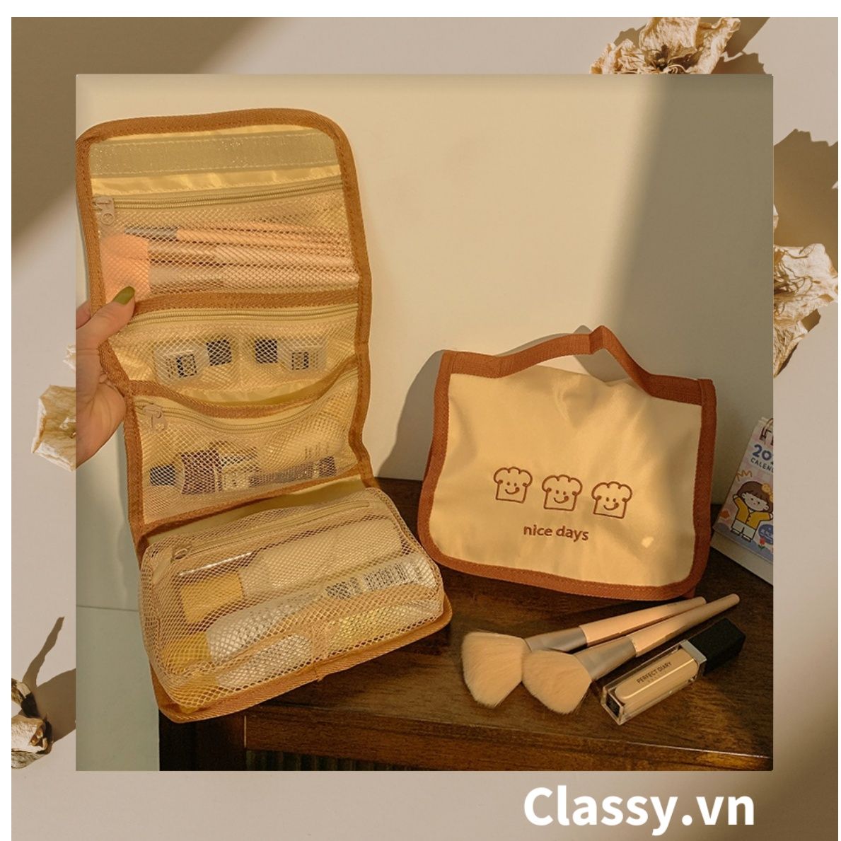  [GIAO HÀNG 7-25 NGÀY] Classy Túi đựng mỹ phẩm, đồ trang điểm, du lịch nhiều ngăn có quai xách PK1498 