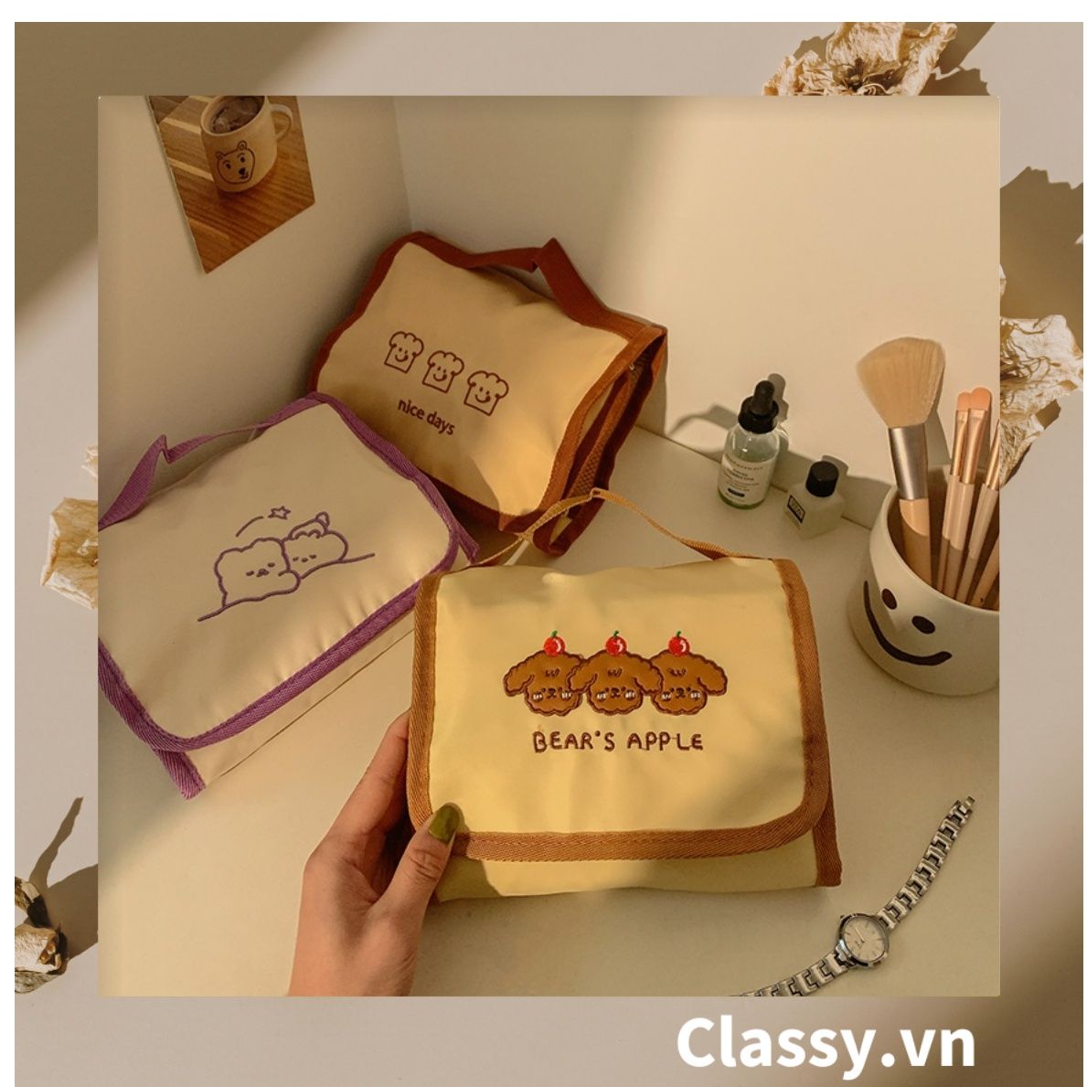  [GIAO HÀNG 7-25 NGÀY] Classy Túi đựng mỹ phẩm, đồ trang điểm, du lịch nhiều ngăn có quai xách PK1498 