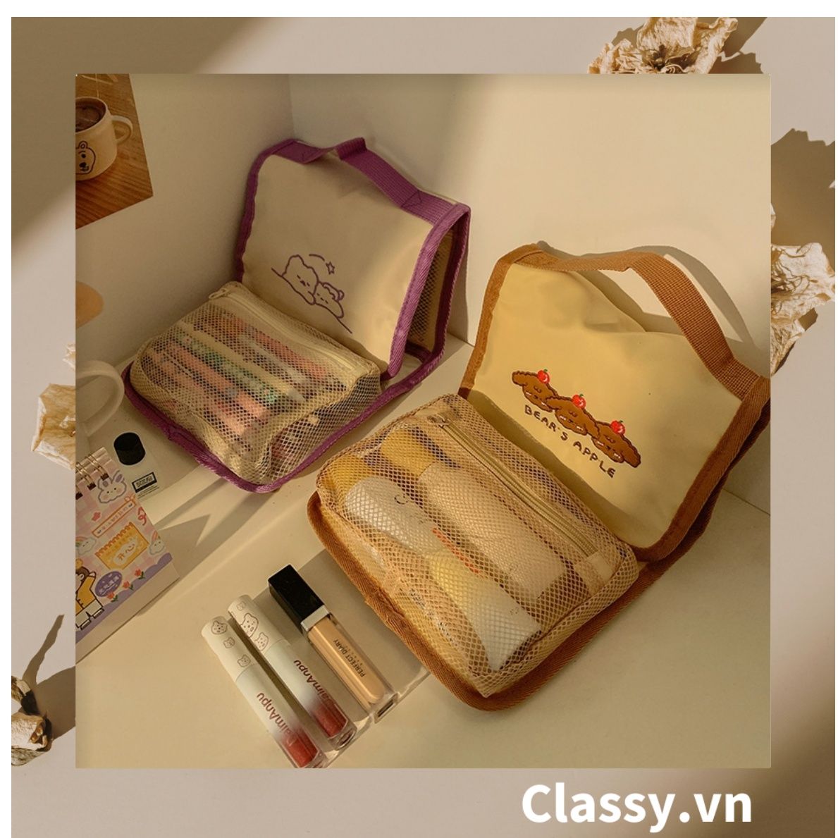  [GIAO HÀNG 7-25 NGÀY] Classy Túi đựng mỹ phẩm, đồ trang điểm, du lịch nhiều ngăn có quai xách PK1498 