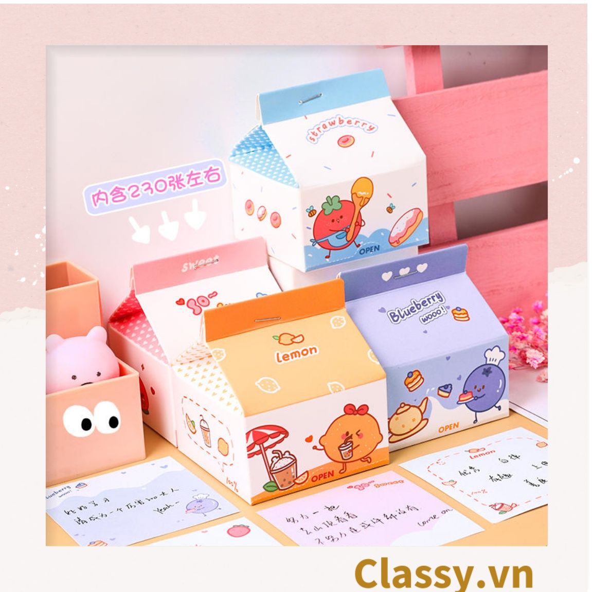  Classy Hộp giấy note, giấy ghi chú hình hộp sữa, có khe rút tiện lợi PK1520 