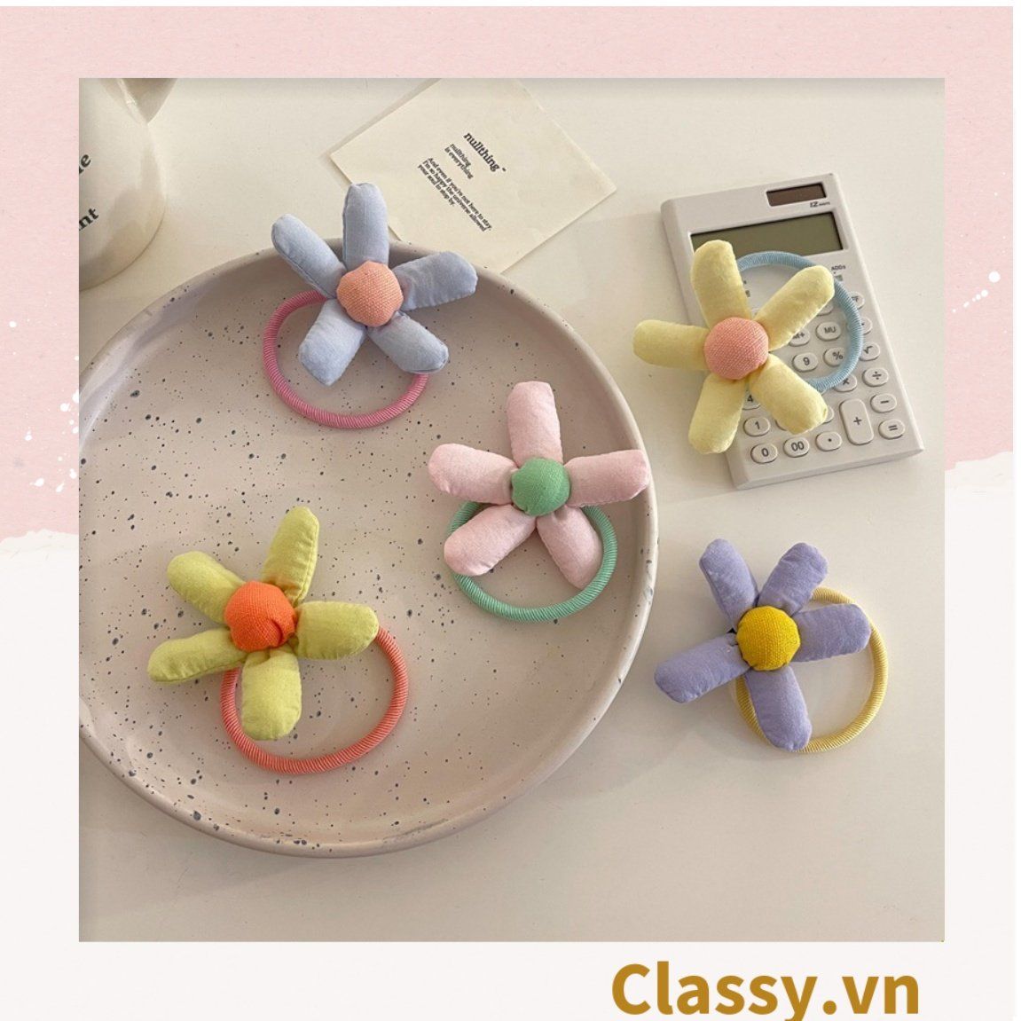  [GIAO HÀNG 7-9803 NGÀY]  Classy Dây cột tóc hình bông hoa năm cánh bằng vải nhiều màu, phụ kiện tóc PK1577 
