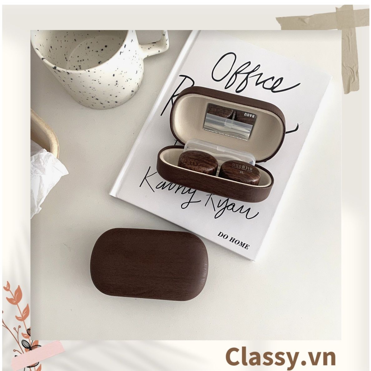  Classy Hộp đựng kính áp tròng màu gỗ kèm gương 1 khay đựng lens, có gương soi giả gỗ rất sang trọng PK1658 