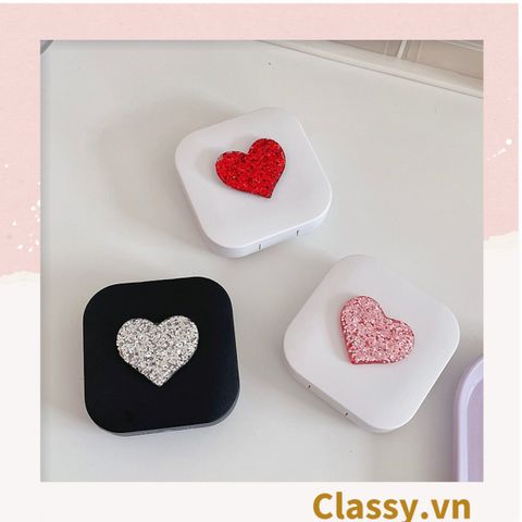  Hộp đựng kính áp tròng 2 màu đen trắng đính hạt bling bling, họa tiết trái tim PK1670 | Hộp đựng kính áp tròng 