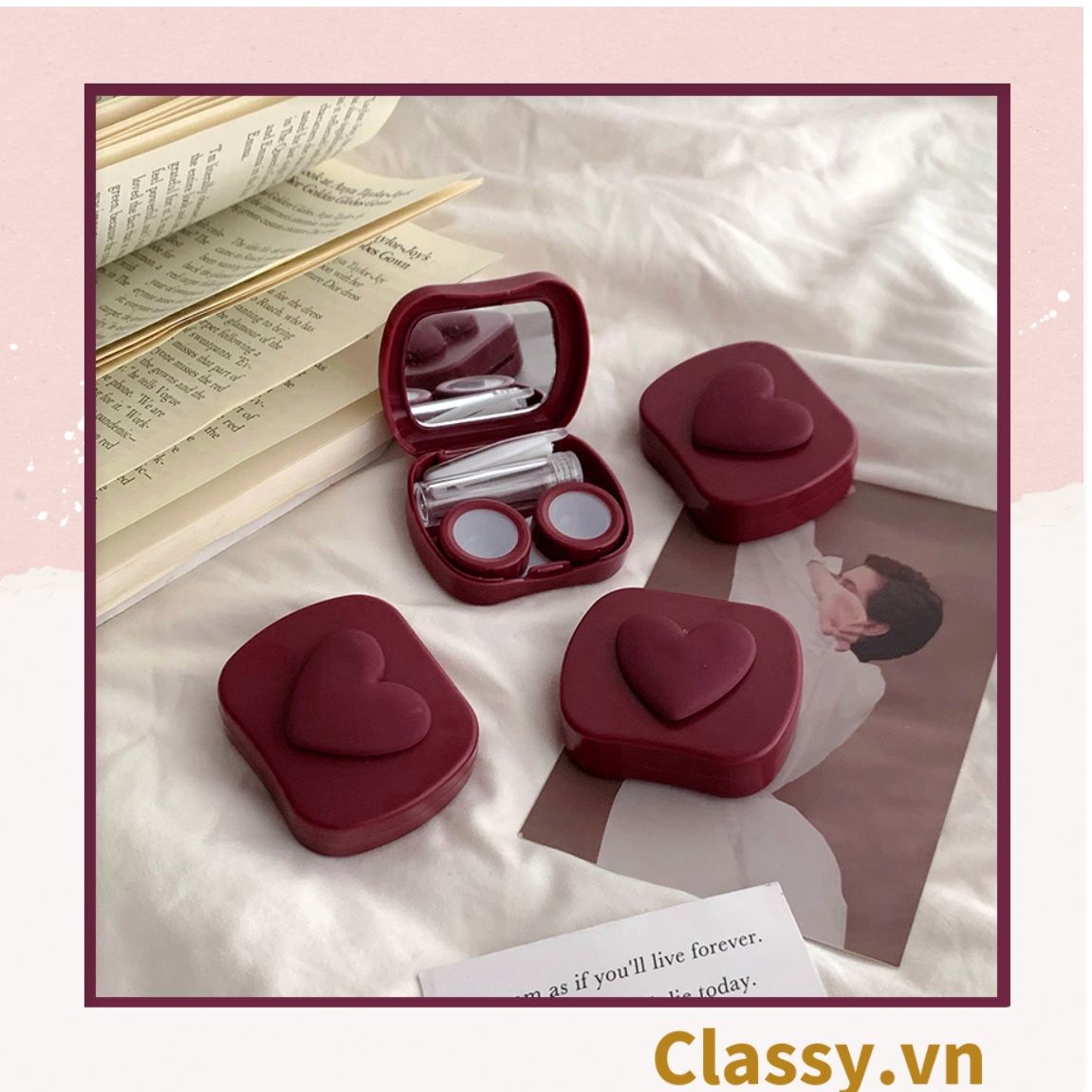  [GIAO HÀNG 7-25 NGÀY]  Classy Hộp đựng kính áp tròng tông màu pastel nhẹ nhàng, họa tiết trái tim PK1673 | Hộp đựng kính áp tròng 