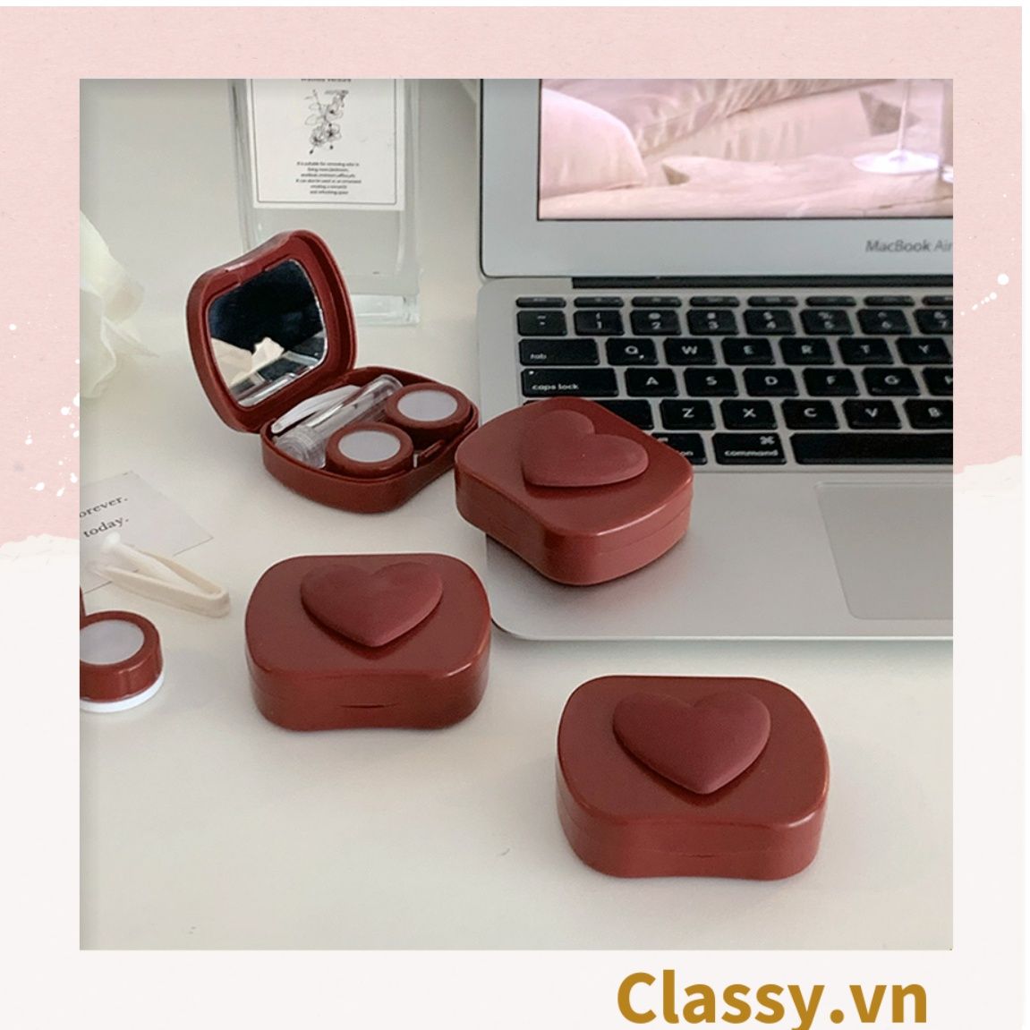  [GIAO HÀNG 7-25 NGÀY]  Classy Hộp đựng kính áp tròng tông màu pastel nhẹ nhàng, họa tiết trái tim PK1673 | Hộp đựng kính áp tròng 