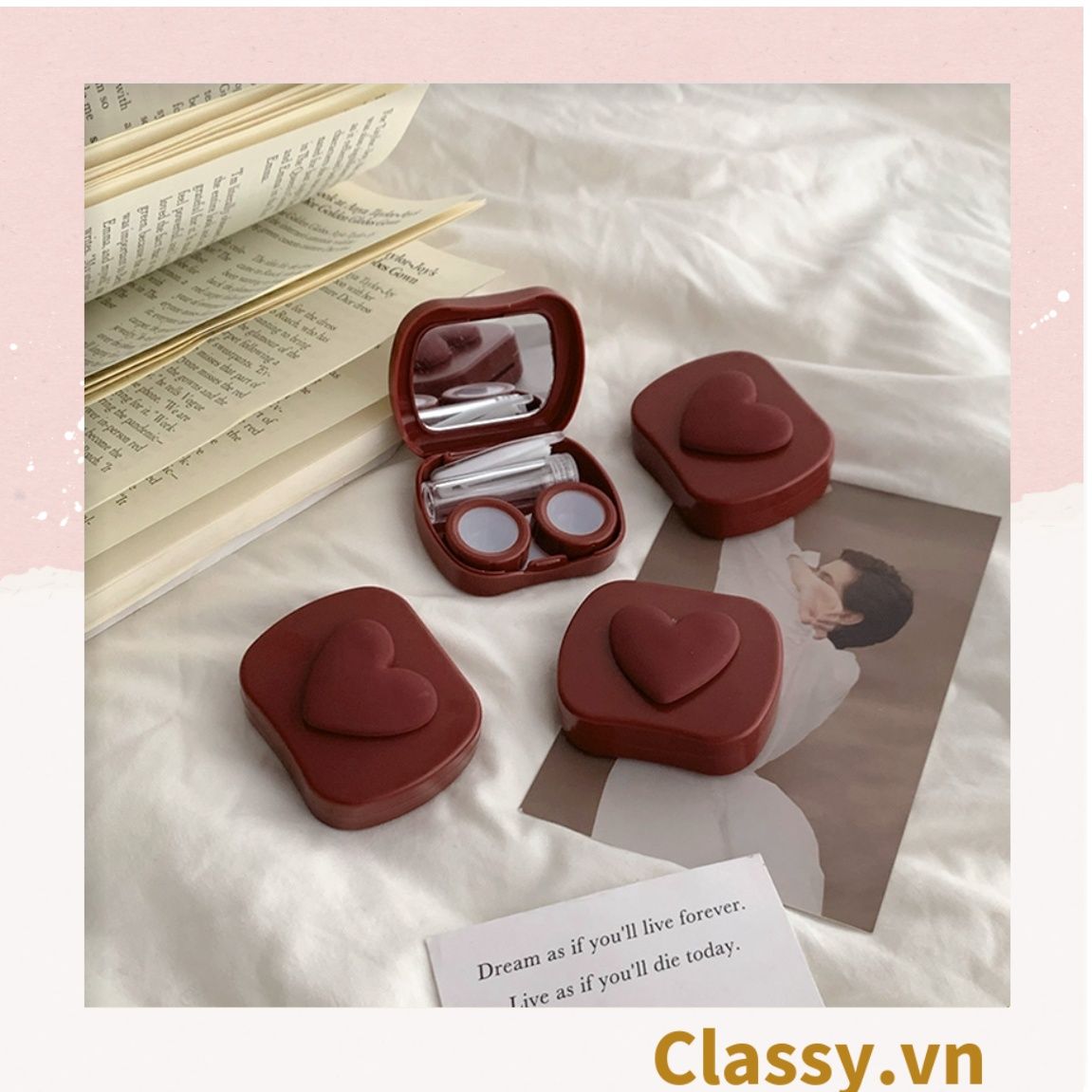  [GIAO HÀNG 7-25 NGÀY]  Classy Hộp đựng kính áp tròng tông màu pastel nhẹ nhàng, họa tiết trái tim PK1673 | Hộp đựng kính áp tròng 