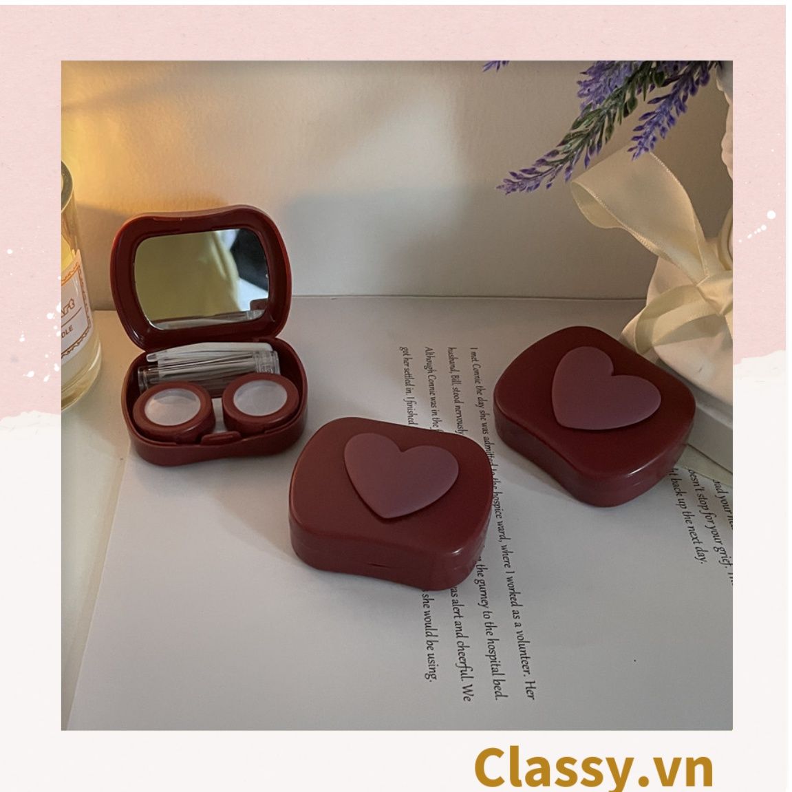  Classy Hộp đựng kính áp tròng tông màu pastel nhẹ nhàng, họa tiết trái tim PK1673 | Hộp đựng kính áp tròng 