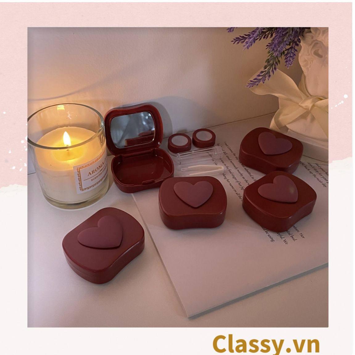  [GIAO HÀNG 7-25 NGÀY]  Classy Hộp đựng kính áp tròng tông màu pastel nhẹ nhàng, họa tiết trái tim PK1673 | Hộp đựng kính áp tròng 