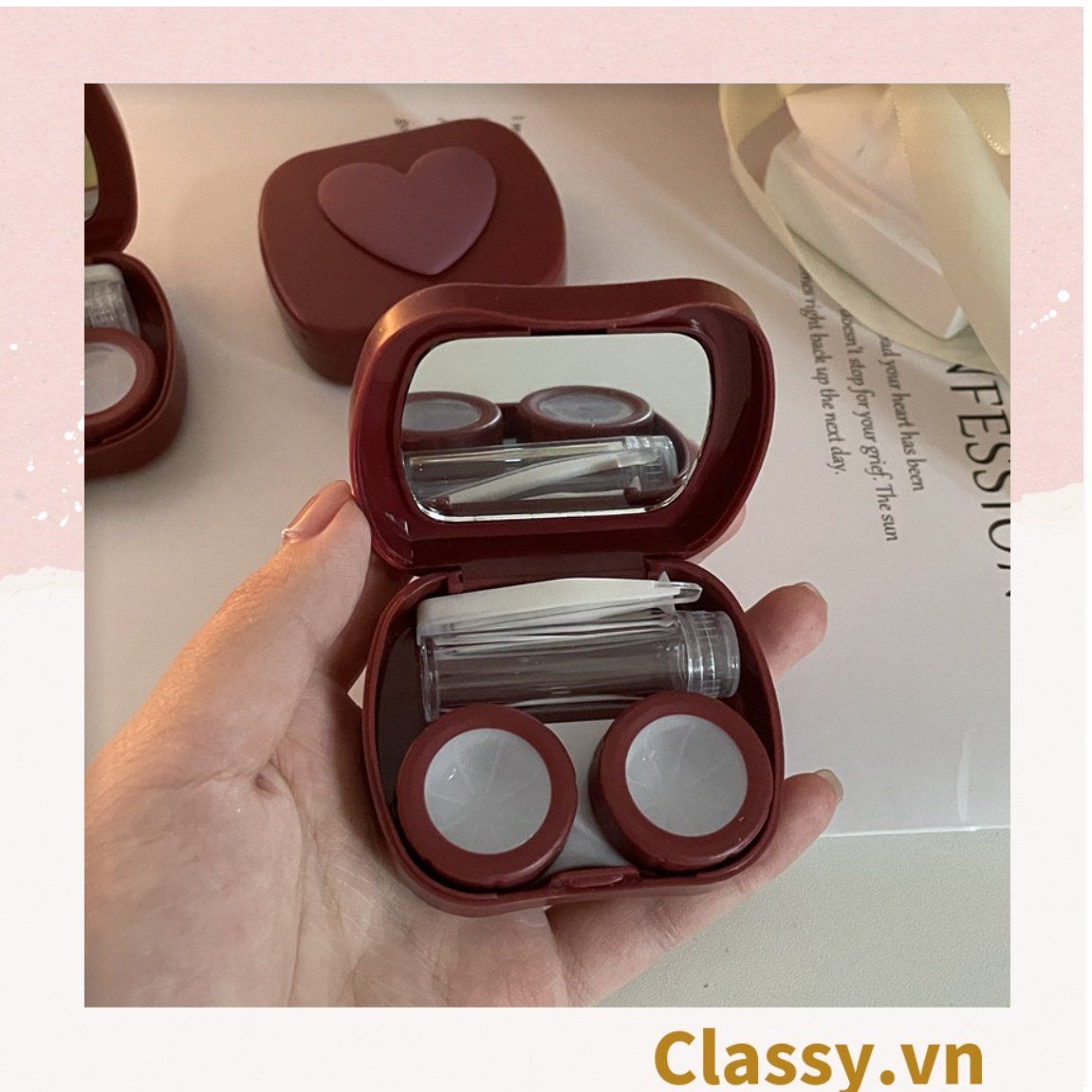  [GIAO HÀNG 7-25 NGÀY]  Classy Hộp đựng kính áp tròng tông màu pastel nhẹ nhàng, họa tiết trái tim PK1673 | Hộp đựng kính áp tròng 