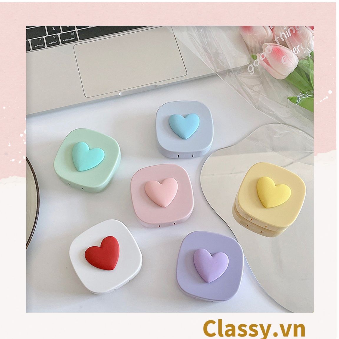  [GIAO HÀNG 7-25 NGÀY]  Classy Hộp đựng kính áp tròng tông màu pastel nhẹ nhàng, họa tiết trái tim PK1673 | Hộp đựng kính áp tròng 