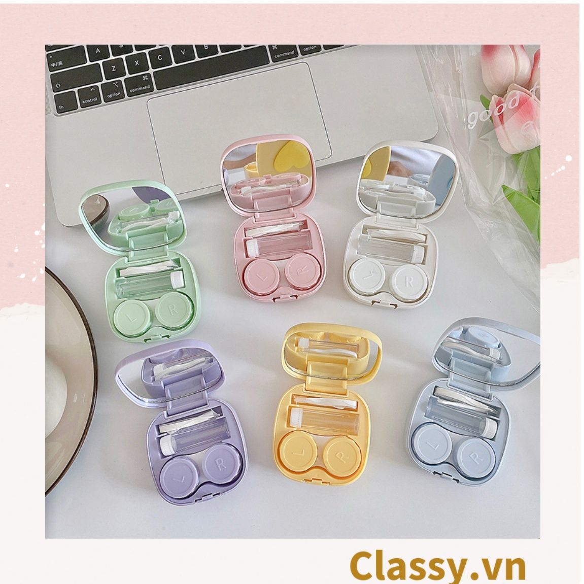  [GIAO HÀNG 7-25 NGÀY]  Classy Hộp đựng kính áp tròng tông màu pastel nhẹ nhàng, họa tiết trái tim PK1673 | Hộp đựng kính áp tròng 