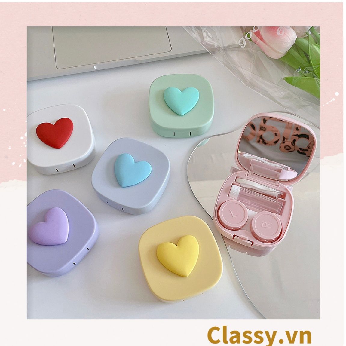  [GIAO HÀNG 7-25 NGÀY]  Classy Hộp đựng kính áp tròng tông màu pastel nhẹ nhàng, họa tiết trái tim PK1673 | Hộp đựng kính áp tròng 