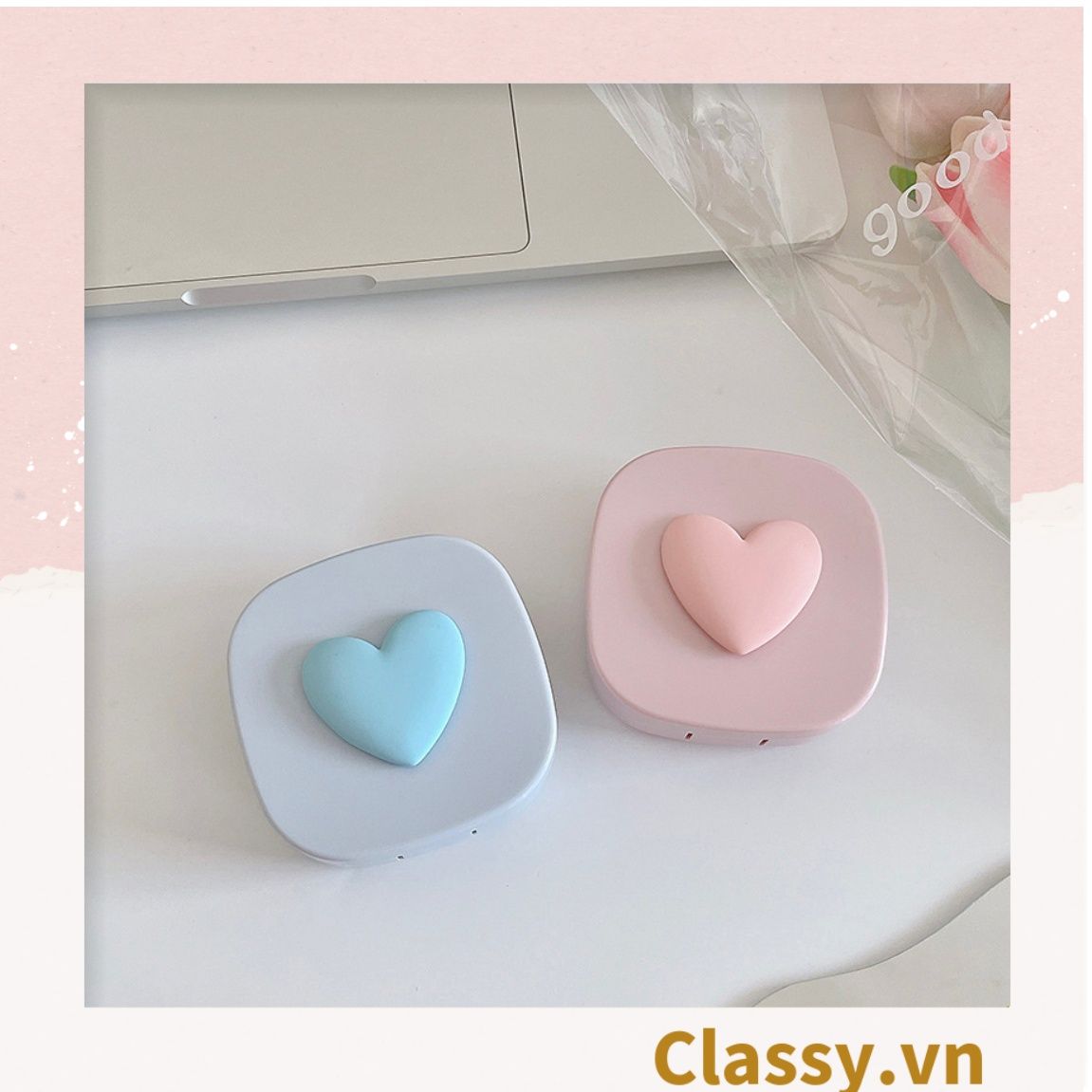  [GIAO HÀNG 7-25 NGÀY]  Classy Hộp đựng kính áp tròng tông màu pastel nhẹ nhàng, họa tiết trái tim PK1673 | Hộp đựng kính áp tròng 