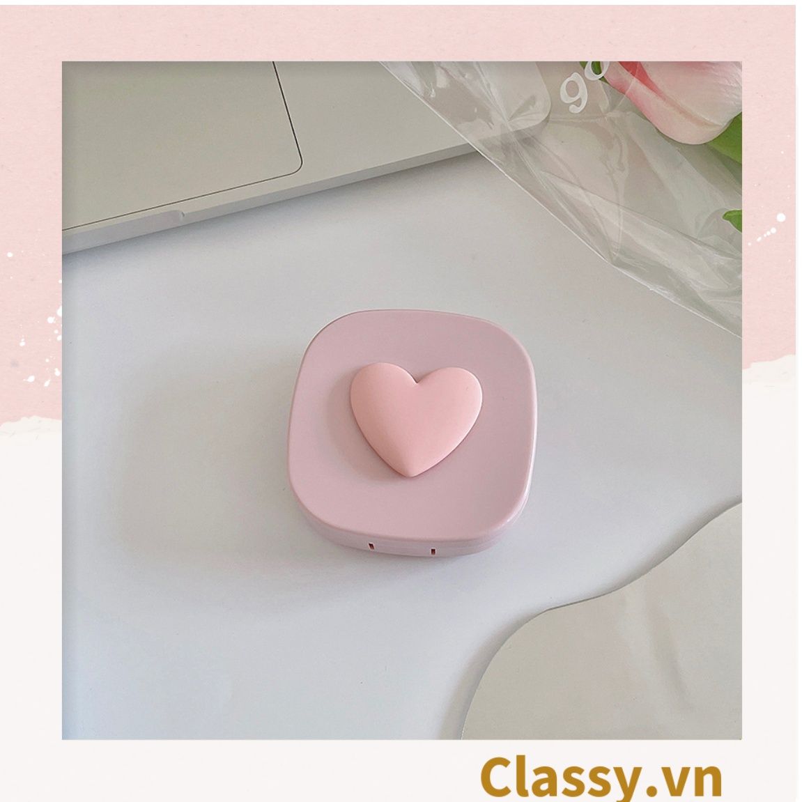  Classy Hộp đựng kính áp tròng tông màu pastel nhẹ nhàng, họa tiết trái tim PK1673 | Hộp đựng kính áp tròng 