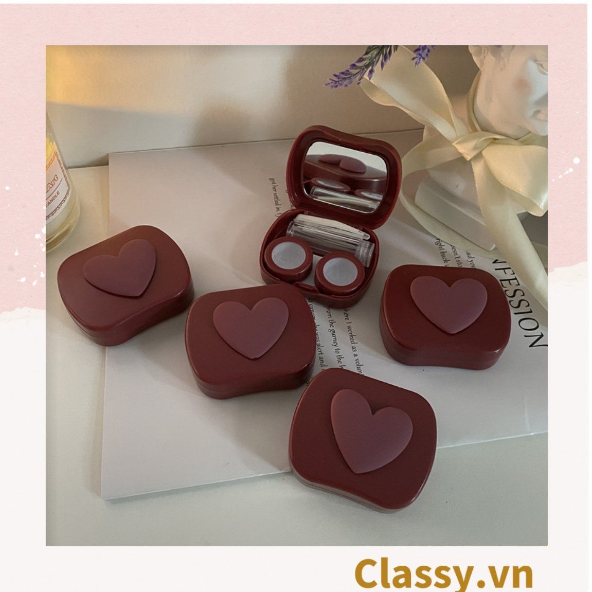  [GIAO HÀNG 7-25 NGÀY]  Classy Hộp đựng kính áp tròng tông màu pastel nhẹ nhàng, họa tiết trái tim PK1673 | Hộp đựng kính áp tròng 