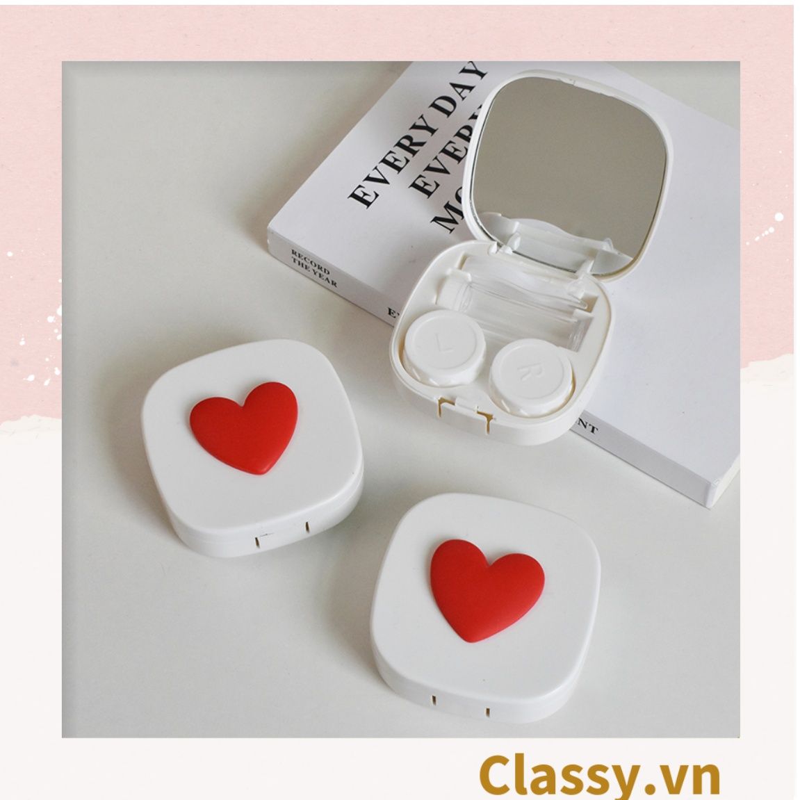 [GIAO HÀNG 7-25 NGÀY]  Classy Hộp đựng kính áp tròng tông màu pastel nhẹ nhàng, họa tiết trái tim PK1673 | Hộp đựng kính áp tròng 