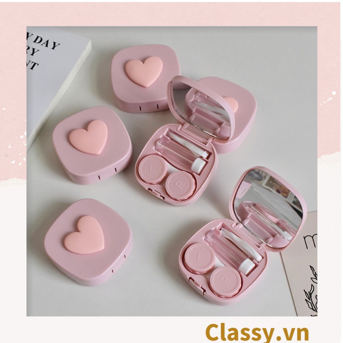  [GIAO HÀNG 7-25 NGÀY]  Classy Hộp đựng kính áp tròng tông màu pastel nhẹ nhàng, họa tiết trái tim PK1673 | Hộp đựng kính áp tròng 