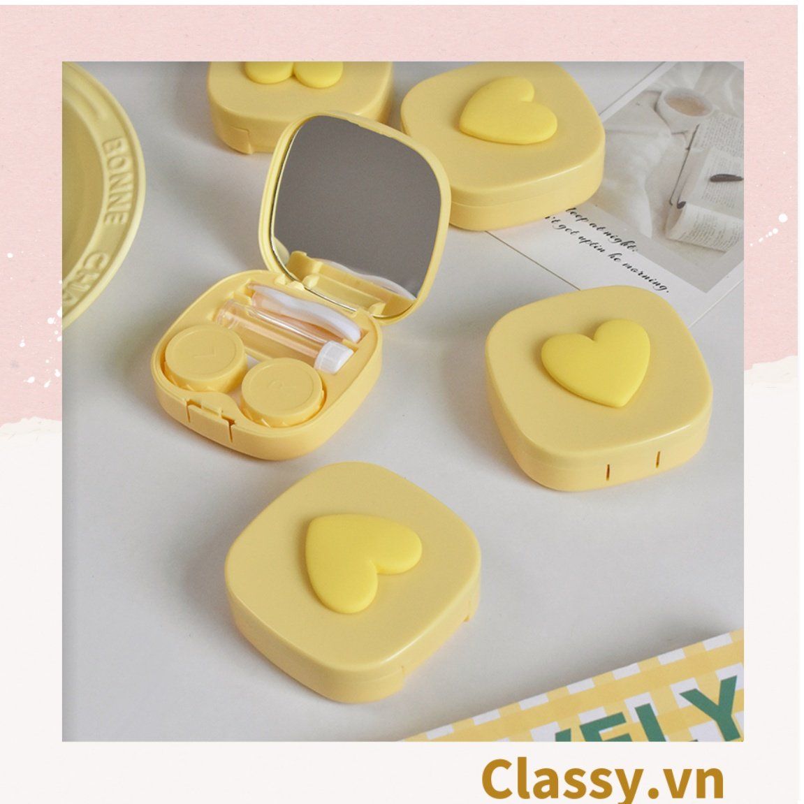  [GIAO HÀNG 7-25 NGÀY]  Classy Hộp đựng kính áp tròng tông màu pastel nhẹ nhàng, họa tiết trái tim PK1673 | Hộp đựng kính áp tròng 