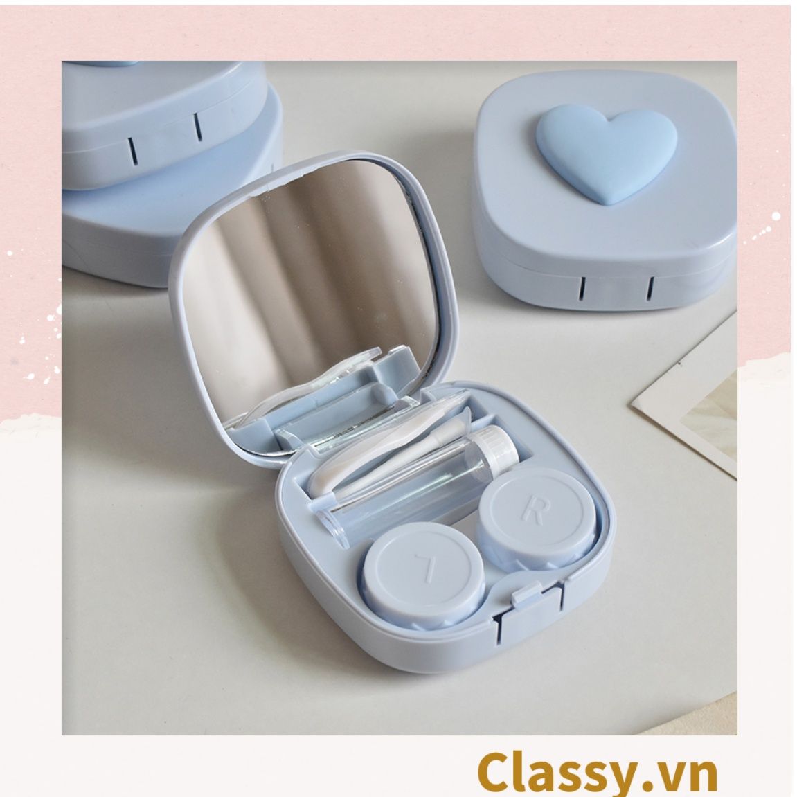  [GIAO HÀNG 7-25 NGÀY]  Classy Hộp đựng kính áp tròng tông màu pastel nhẹ nhàng, họa tiết trái tim PK1673 | Hộp đựng kính áp tròng 