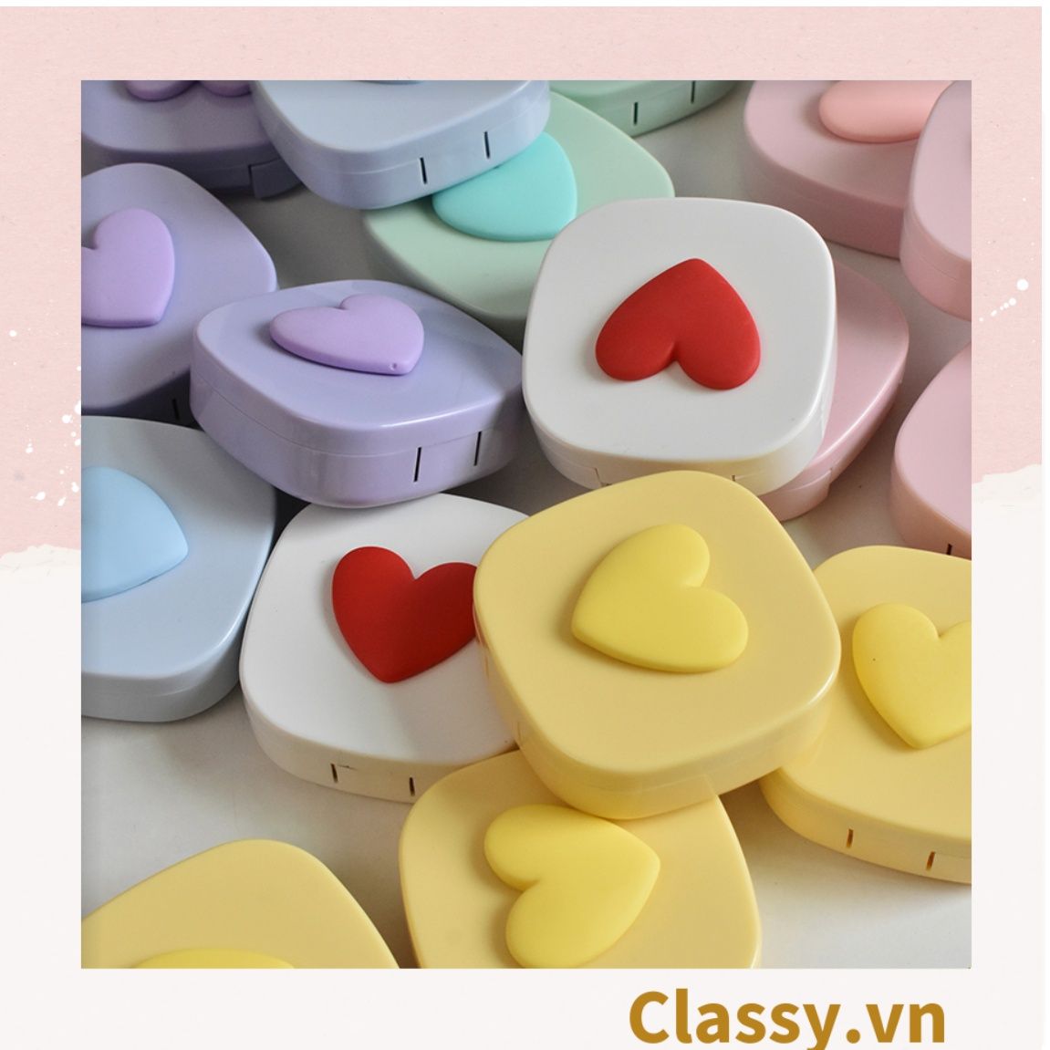  [GIAO HÀNG 7-25 NGÀY]  Classy Hộp đựng kính áp tròng tông màu pastel nhẹ nhàng, họa tiết trái tim PK1673 | Hộp đựng kính áp tròng 