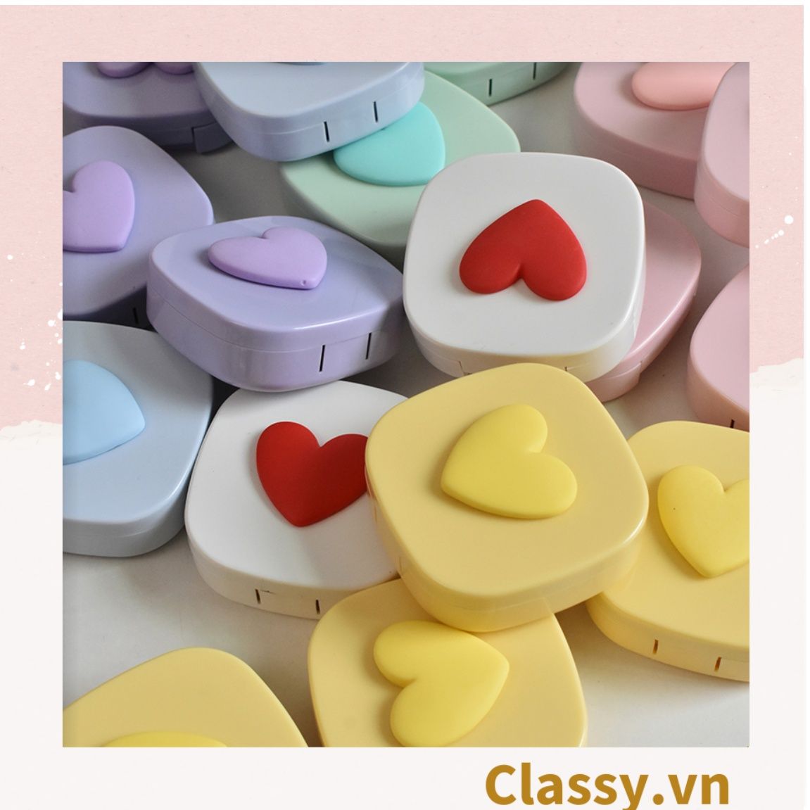  Classy Hộp đựng kính áp tròng tông màu pastel nhẹ nhàng, họa tiết trái tim PK1673 | Hộp đựng kính áp tròng 