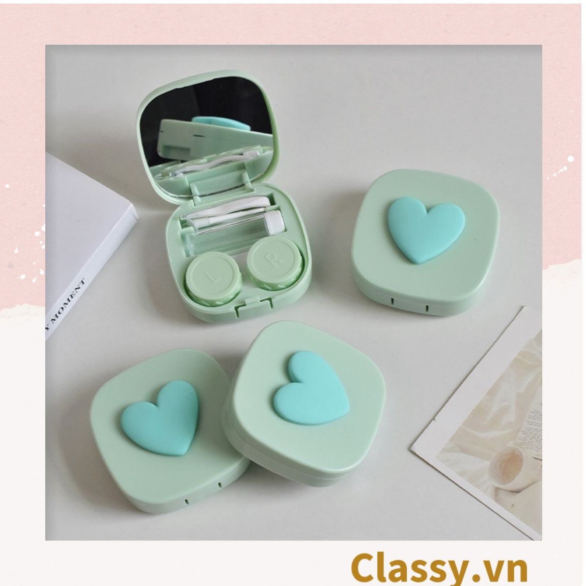  [GIAO HÀNG 7-25 NGÀY]  Classy Hộp đựng kính áp tròng tông màu pastel nhẹ nhàng, họa tiết trái tim PK1673 | Hộp đựng kính áp tròng 