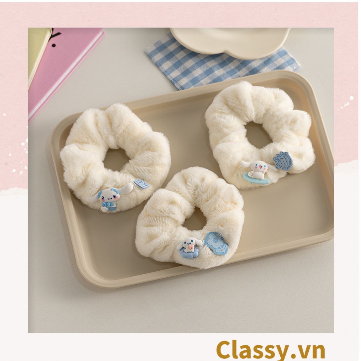  Dây cột tóc scrunchies bằng bằng lông, đính họa tiết hoạt hình cún, gấu giao ngẫu nhiên mix hàn quốc dành cho nữ PK1676 